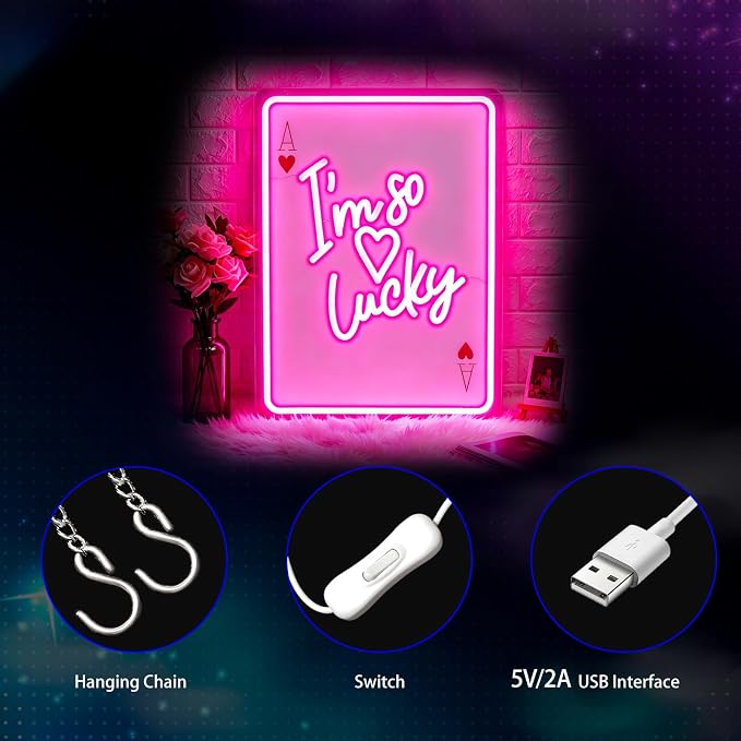 Neon Sign, Lucky Neon Signs for Wall Decor LED Signs Neon Light | Lucky Poker Neon Signs, Pink "I'm so Lucky" LED Light for Bedroom, Wedding, Cafe, Party, Home Decor, Pink Decor, USB Powered