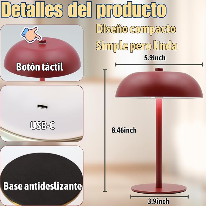 Cordless LED Mushroom Table Lamp, 5200mAh Battery, Dimmable 3 Color, Red | Small, 8.46in, Portable, Easy to Assemble, Metal structure, Rechargeable, Suitable for bedroom, café, and bar counter.