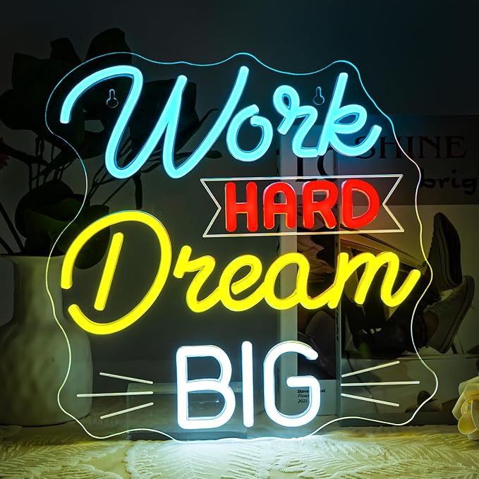NOSUN Work Hard Dream Big Neon Sign Inspirational slogan personal studio LED Sign Wall Decor Adjustable Brightness Neon Signs USB Connect Neon Light for Bedroom Home Bar Club Hotel Party Decor
