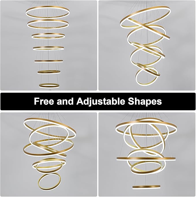 XGZL·LIGHTING 7-Rings Modern LED Chandelier Gold D31.5’’ Contemporary High Ceiling Foyer Chandeliers Large with Remote Entryway for Living Room Entrance Staircase, 3000K-6000K