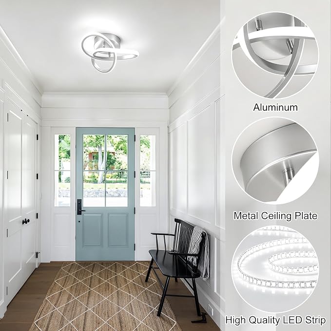 Hallway Light Acrylic Modern LED Ceiling Light Fixtures Cool White 6000K Close to Ceiling Lights for Bedroom, Bathroom, Kitchen, Balcony, Corridor, Stair, Aisle Lamp Curved Design (Sliver,6000K)