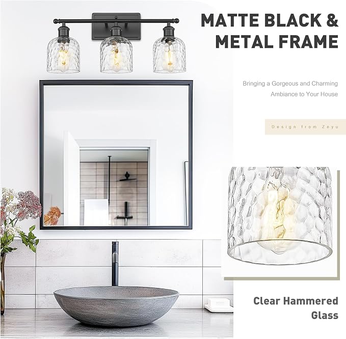 zeyu Bathroom Black Vanity Light, 21'' Black Bathroom Light Fixture 3 Light, Modern Vanity Lamp with Clear Hammered Glass, ZJF63B-3W BK