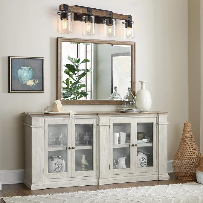 DUJAHMLAND Farmhouse Vanity Light Fixture, Industrial 4-Light Wood Wall Sconce Bathroom Vanity Lighting with Clear Glass Lights Shade,for Hallway,Kitchen,Bedroom(Antique Wood, 4-Light)