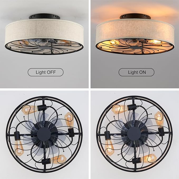 Boho Ceiling Fan with Jute Fabric Shades and Remote Control, Small Caged Bladeless Low Profile Ceiling Fan with Light, 20 Inch Modern Flush Mount Light Kit for Bedroom Kitchen Living Room