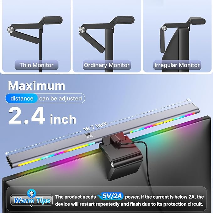Syrinx 16.7" Computer Monitor Light Bar with Ambient Backlight, USB Reading LED Lamp, Screen Monitor Lamp, Touch + Gesture Control, Dimmable Desk Light, Eye-Caring, No Screen Glare for (RGB)