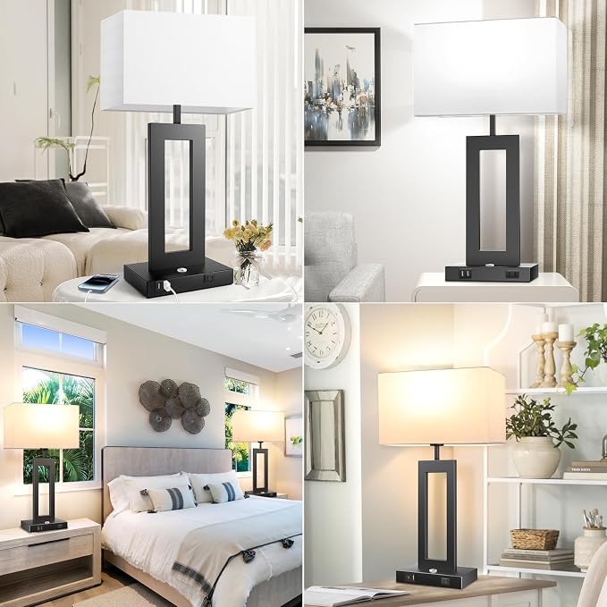 27.2’’ Tall Black Table Lamps for Living Room Bedroom, Bedside Touch Control Lamps with 2 USB Ports&AC Outlet, 3 Color Temp.&Stepless Dimming Desk Lamp Sets for Home Office, Pre-assembled White Shade