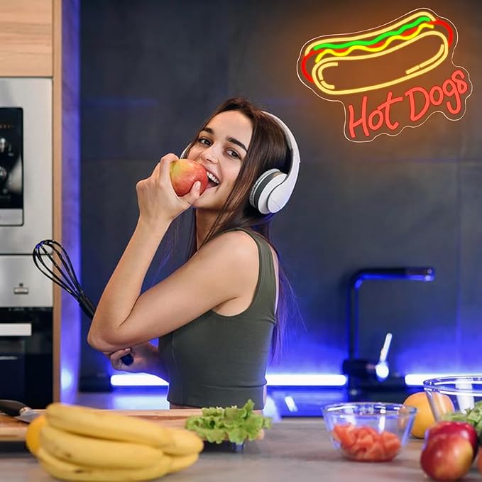 Hot Dog Neon Sign for Wall Decor Dimmable Neon Lights for Hot Dog Shop Decor Business Food LED Neon Signs for Fast Food Shops, Restaurant, Bar, Kitchen,Christmas Birthday Party