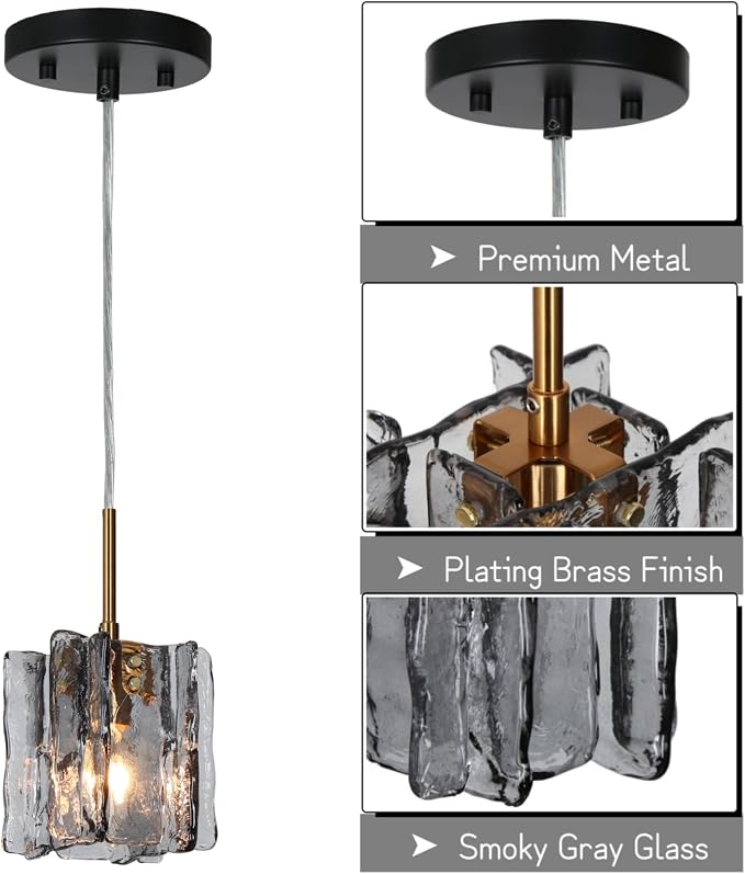 KSANA Pendant Lights Kitchen Island, 4.7'' Black and Plating Brass Kitchen Pendant Lighting Over Island, Modern Hanging Light Fixtures with Handcrafted Smoky Textured Glass