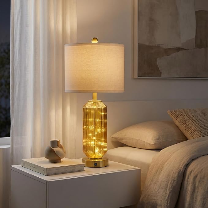 24.5" Bedside Table Lamps Set of 2, Amber Glass Nightstand Lamps with USB A+C Charging Ports and Night Light, Gold Modern Lamps for Bedroom, Living Room, End Table (2 Bulbs Included)