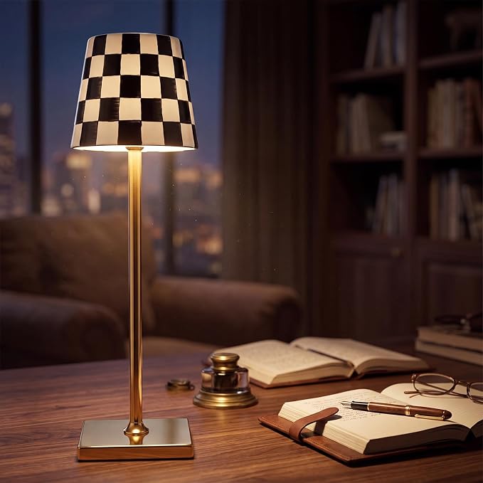 Pickmesh 1 Pack Black Checkered Mahjong Cordless Lamp Scalloped Edge Mahjong Print LED Lamp 3 Color Dimmable Rechargeable Stylish Lamps for Mah Jong Table Living Room Nightstand Desk