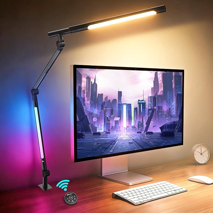 LED Desk Lamp with Clamp, Adjustable Swing Arm RGB Desk Light with Remote, Eye-Caring 4 Modes Stepless Dimming Lamp for Home Office Reading Study Gaming