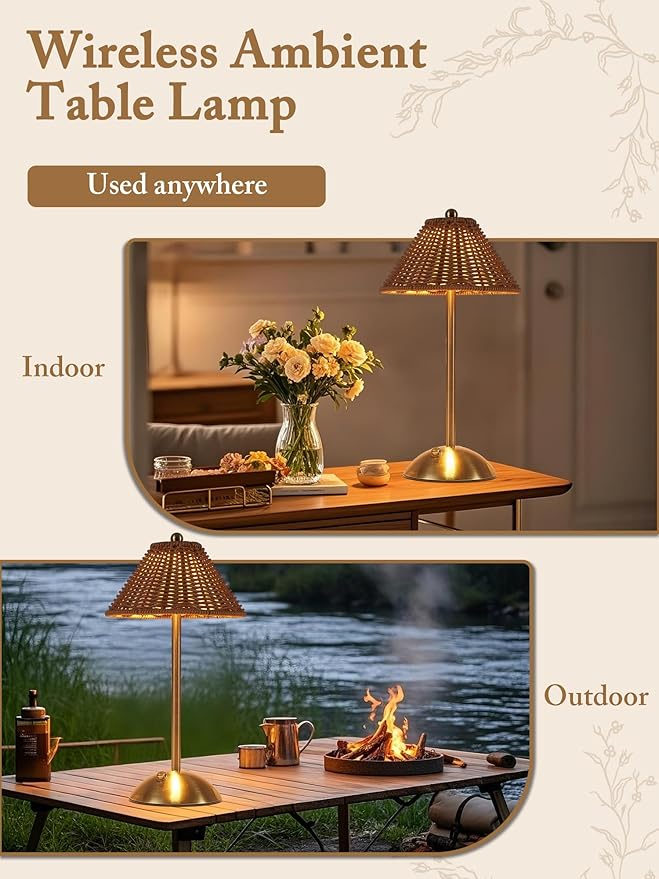 Boho Rattan Table Lamp,Wicker Night Light,LED Rechargeable Reading Lights,3 Color Touch Control Dimmable Bedside Lamps Living Room Bedroom Office Lighting Home Outdoor Decoration