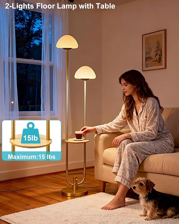 Lightdot 63IN Gold Dimmable Floor Lamp with Table Modern Mid Century Standing Lamps with Bulbs Included Unique Vintage Tall Floor Lamp with 5Lbs Heavy Base for Living Room/Sofa Beside/Corner Decor