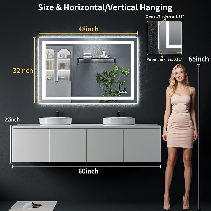 48"x32" LED Bathroom Mirror with Lights, Backlit+Frontlit, Anti-Fog | CRI 95, Stepless Dimmable, 3 Colors Lighting, Shatterproof Tempered Glass, HD Reflection, Memory, (Horizontal/Vertical)