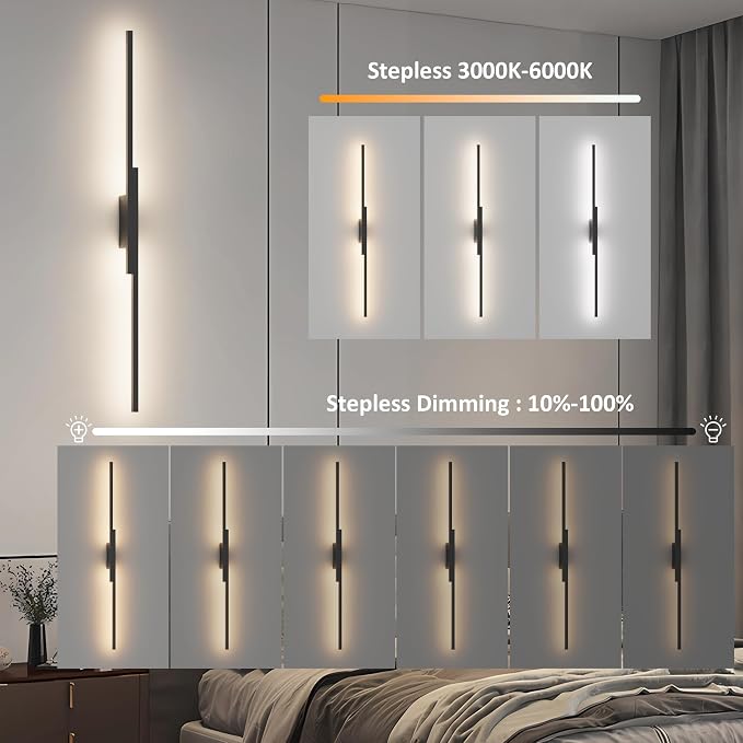 Aipsun Black Wall Sconces Set of Two Battery Operated Wall Sconces 3000K-6000K Dimmable LED Wireless Wall Lights for Living Room,Bedroom,12,000mAh,39.4Inch (2 Pack)