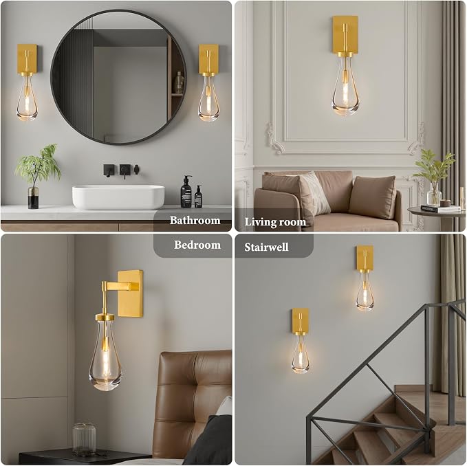 Raindrop Brass Crystal Wall Sconce: Luxury Modern Gold Bathroom Lighting | Clear Solid Indoor Sconces with Bulbs, Dimmable Vanity Lamp, Light Fixtures for Bedroom Living Room Hallway Bedside