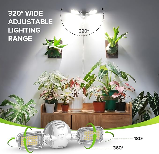 SANSI Wall Mounted Grow Light, 60W Dual Head Full Spectrum with Remote | 320° Wide Coverage, Programmable Timer, 4-Level Dimmable Brightness, 4000K Natural Light, IP54 Waterproof, for Indoor Plants