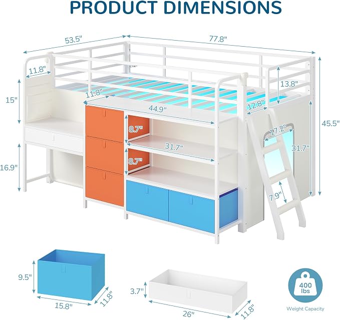 Low Loft Bed Twin Size with Desk, 6 Storage Drawers & Bookshelf, Kids Loft Bed with LED Lights & Under-Bed Play Space, Heavy Duty Metal Frame with 13.8"H Safety Guardrail & Ladder, White & Multicolor