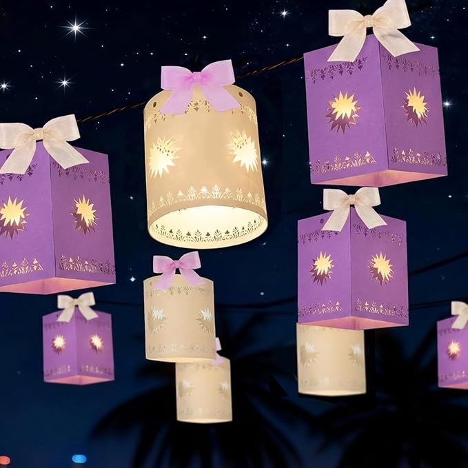 20 Pcs DIY Princess Hanging Lanterns with String Light and Ribbon | Thick Paper Sun Cutout Pattern, Girls Birthday Party Decor, Provide Tools, 10 Yellow+10 Purple, Batteries Not Included
