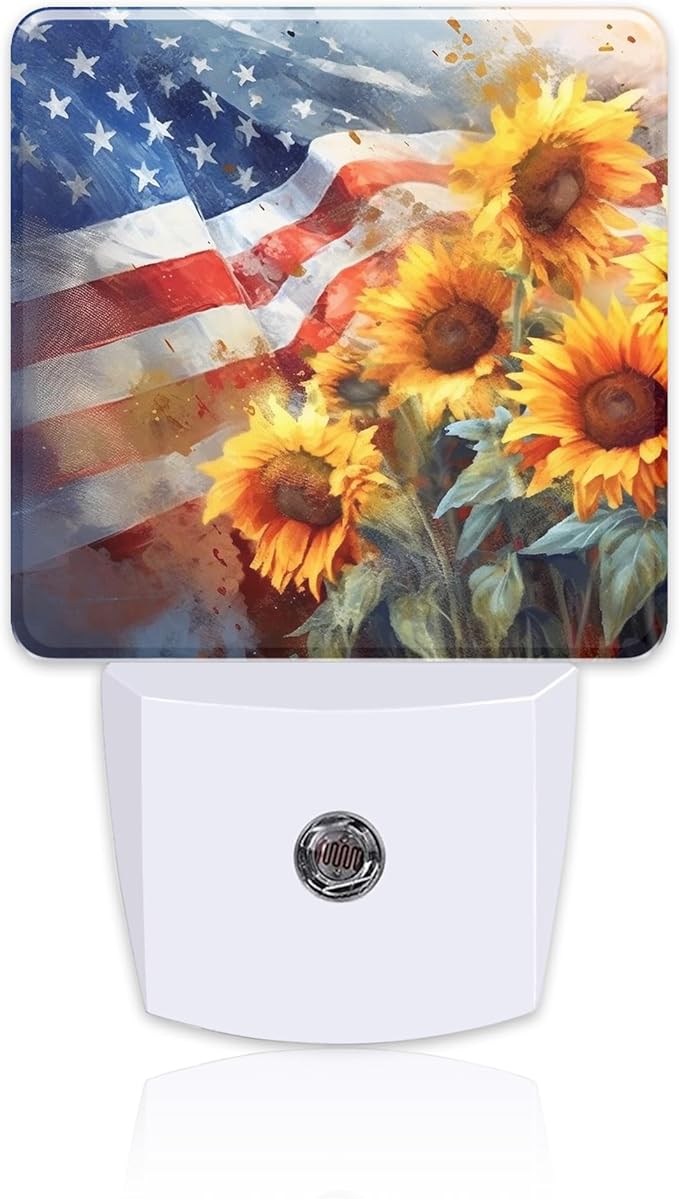 American Flag with Sunflowers Night Light Plug into Wall,Watercolor USA Flag Patriotic Dusk to Dawn Night Light Plug in,0.5w Energy Saving Sleep Friendly NightLight for Kids Boys Girls Home Decor