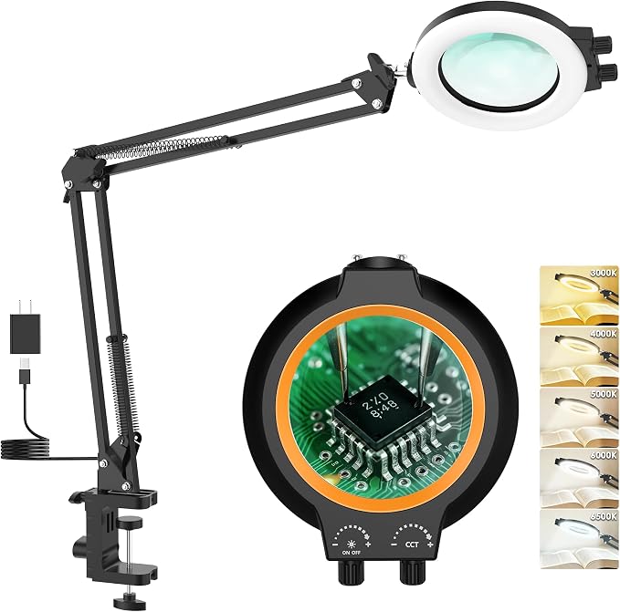 12X Magnifying Glass with Light and Stand Hands Free, Long Swing Arm Desk Magnifying Light with Clamp for Close Work, Dimmable Lighted Magnifier Lamp for Soldering Craft Jewelry Bench Sewing