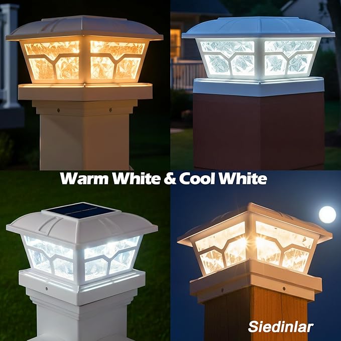 SIEDiNLAR Solar Post Cap Lights Outdoor 2 Color Modes 8 LEDs for 4x4 5x5 6x6 Posts Fence Deck Patio Decoration Warm White & Cool White Lighting White (6 Pack)
