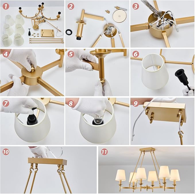 33.5" Gold Dining Room Chandelier with White Linen Fabric Shades 6-Light Rustic Industrial Ceiling Light Fixture Large Farmhouse Pendant Lights for Kitchen Island Living Room