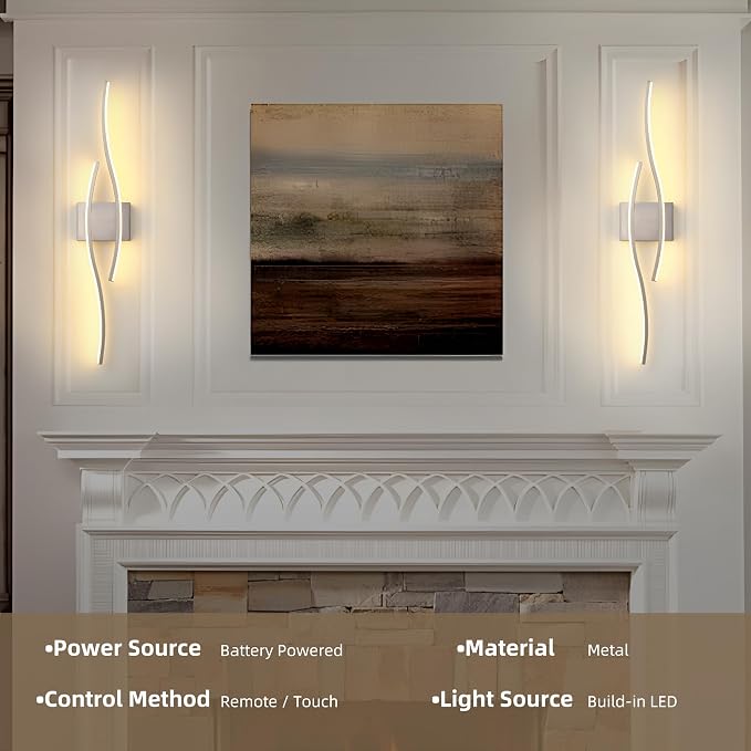 Battery Operated Wall Sconces Set of 2, Dimmable Modern LED Rechargeable Wall Light with Remote Control, Wall Decor for Living Room, Hallway, Quick Install, No Electrician Required 23.6 Inch