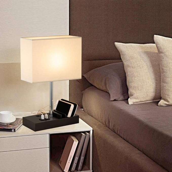 Briever Upgraded 3 USB Table Lamp with 2 USB A & C Charging Ports, Bedside Desk Lamp with 2 AC Outlets and Wooden Phone Stand Organizer, Nightstand Lamp for Bedroom, Living Room, Office, Natural Wood