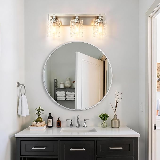 Modern Bathroom Lighting Fixtures Over Mirror, Vanity Lights for Bathroom, Wall Sconces with Clear Glass Shades, E26 Ceramic Socket, 3-Light 19.7-inch Brushed Nickel