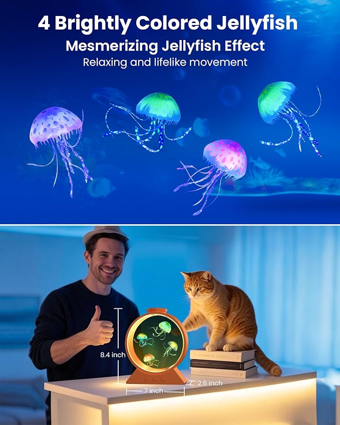 Jellyfish Lamp for Sleep Anxiety Calming Light for Bedroom(Cosmic Orange) | Whisper-Quiet Sensory | 7 Soft Color Modes | Adjustable Water Flow | 8H Auto-Off Timer | Rounded Tank Lamp Gift for All Ages