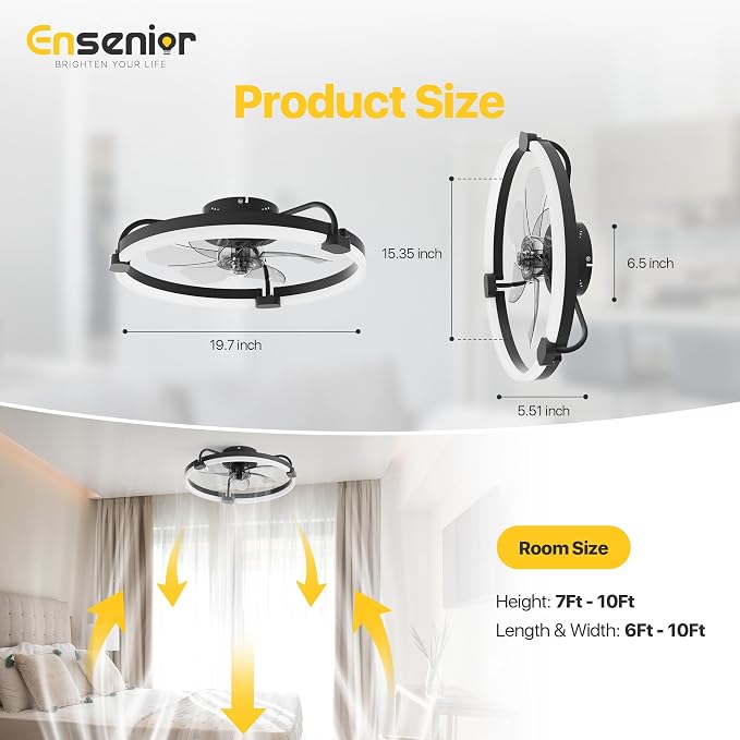 Ensenior 20 Inch Flush Mount Ceiling Fans with Lights, APP Control, Black | Quiet Reversible Motor, Night Light Mode, 6 Speeds, 3CCT, Dimmable, Low Profile, Remote, Memory Function, Timer, Bedroom