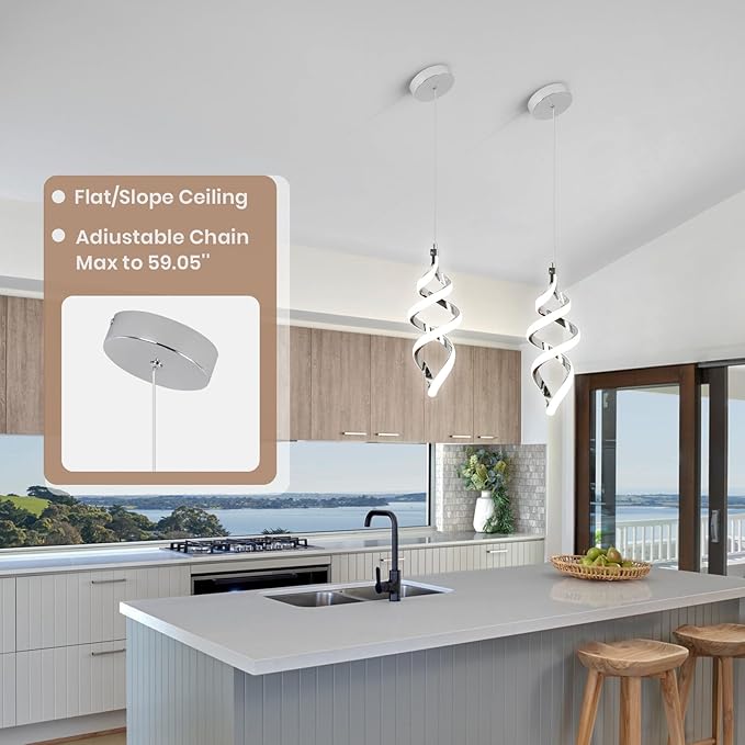 4 Packs Pendant Light, 15W Spiral Led Pendant Light, 4500K Modern Pendant Lights Kitchen Island, Adjustable Height Pendant Light for Dining Room Bedroom Kitchen Island Cafe