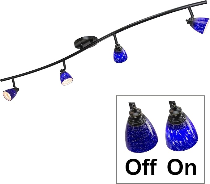4 Lights Fixed Track Lighting Kit - Dark Bronze Finish - Blue Glass Shade - Wave Bar - D268-44C-DB-BLS