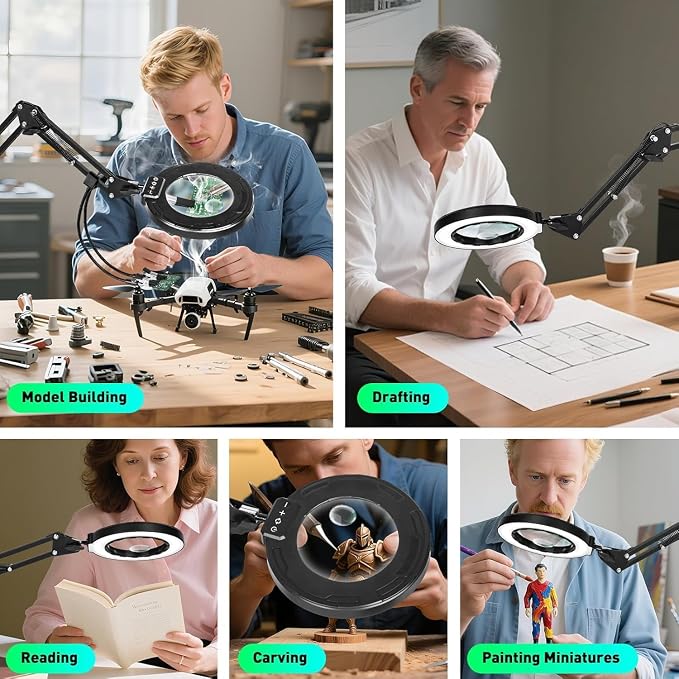 12X 30X Magnifying Glass with Light and Clamp, Soldering Helping Hand | 3-Section Swing Arm Hands-Free Workbench Lighted Magnifier, 5 Color Stepless Dimming, LED Desk Lamp for Craft Hobby Painting