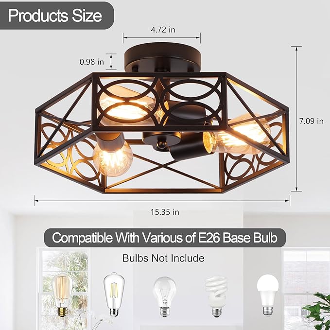 Modern Black Semi Flush Mount Ceiling Light Fixture, Industrial Close to Ceiling Light with Metal Hexagon Cage, Vintage Farmhouse 3-Light Ceiling Lamp for Kitchen, Hallway, Bathroom