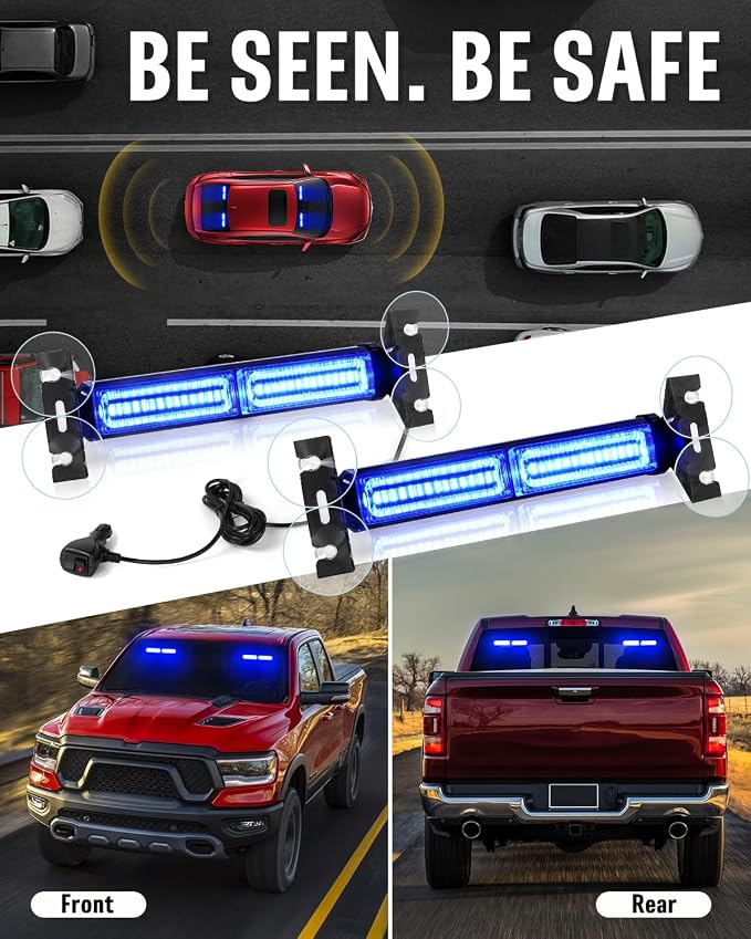 HLauto 1002L Emergency Strobe Traffic Advisor Light Bar: 40 LED Dash Safety Warning Flashing Light, Front/Rear Windshield Visor Lights for Construction Vehicle, Tow/Plow Truck (2x10.7inch, Blue)