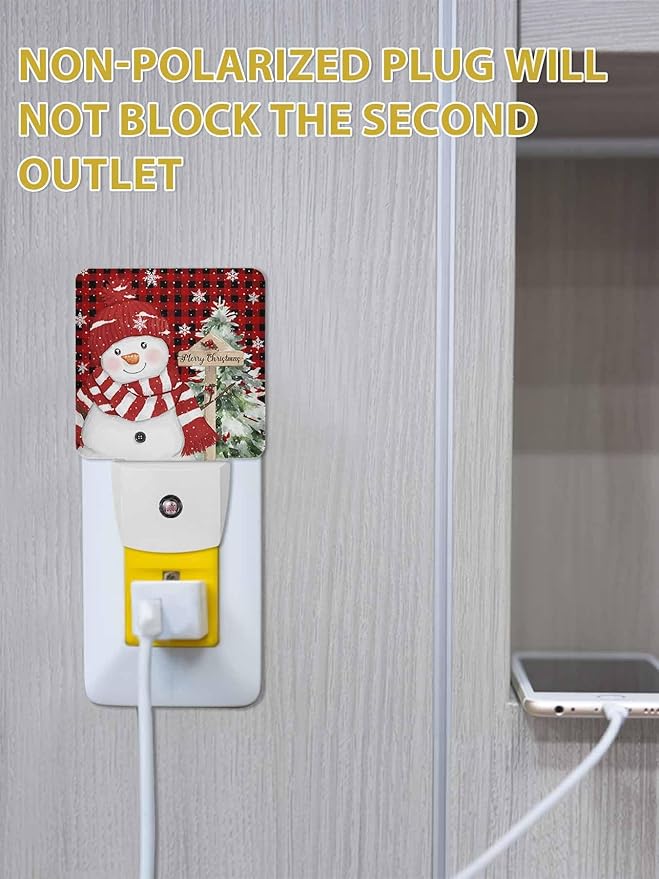 Christmas Night Lights Plug into Wall LED Night Light Snowman Snowflakes Winter Christmas Tree Plaid Automatic Dimmable Dusk-to-Dawn Square Shaped Smart Nightlight for Bathroom/Bedroom