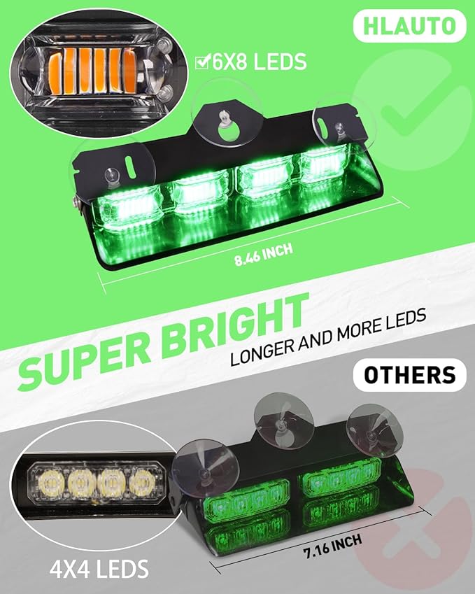 HLauto 2002L Emergency Dash Strobe Lights: Green Safety Lights, Flashing Warning Hazard Windshield Visor Traffic Light Bars for Trucks, Construction Vehicles (2x8.5 inch, 48LED)