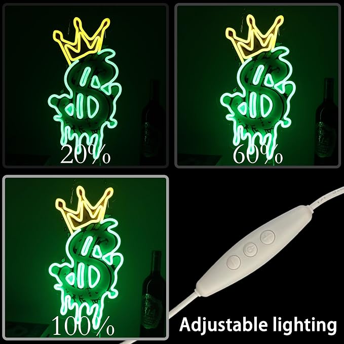 Money Neon Sign, Crown Dollar LED Neon Light USB Powered Decor | Dollar Wall Decor for Bedroom, Game Room, Man Cave, Office, Bar, Party Decoration and Gift