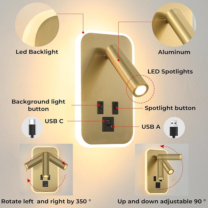 Wall Sconce Plug in with Wall Mounted Reading Lights,Modern Wall Lamp for Bedroom with Charging Station USB C+A Ports,Headboard Bedside Lamps with 3W+9W Night Light,3 Color Temperature