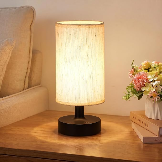 Kakanuo Small Cordless Table Lamp with Rechargeable Battery, Black, 1 Pack | Touch Stepless Dimming, 3000K Warm Light, Beige Fabric Shade, 30H at Full Brightness, for Bedside, Bedroom and Living room