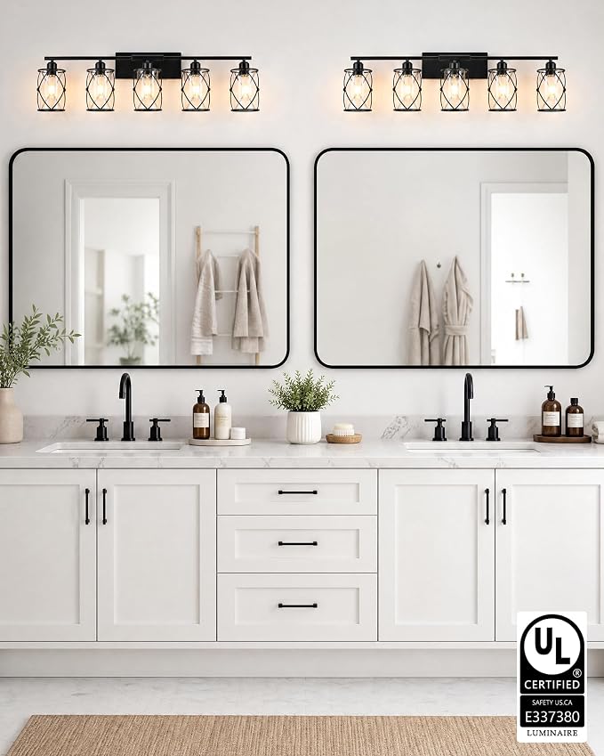 5-Light Matte Black Bathroom Light Fixtures Over Mirror, 38" UL-Listed Modern Wall Sconce Lights with Clear Glass and Metal Cage for Bath, Hardwire E26, CH9176BK-5W