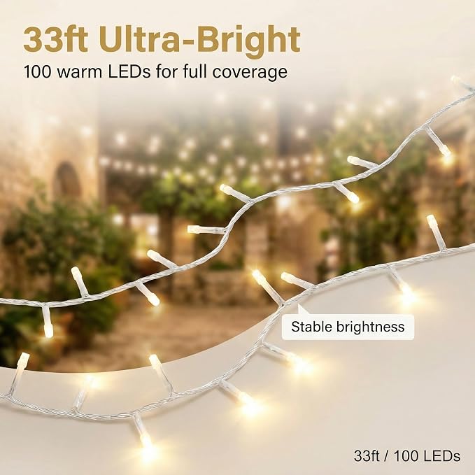Warm White Christmas Lights - 100 LED 33ft String Lights for Bedroom Indoor, 8 Modes Fairy Twinkle Lights Plug in, Waterproof Outdoor Hanging Lights for Room, Xmas Tree, Garden & Party Decor