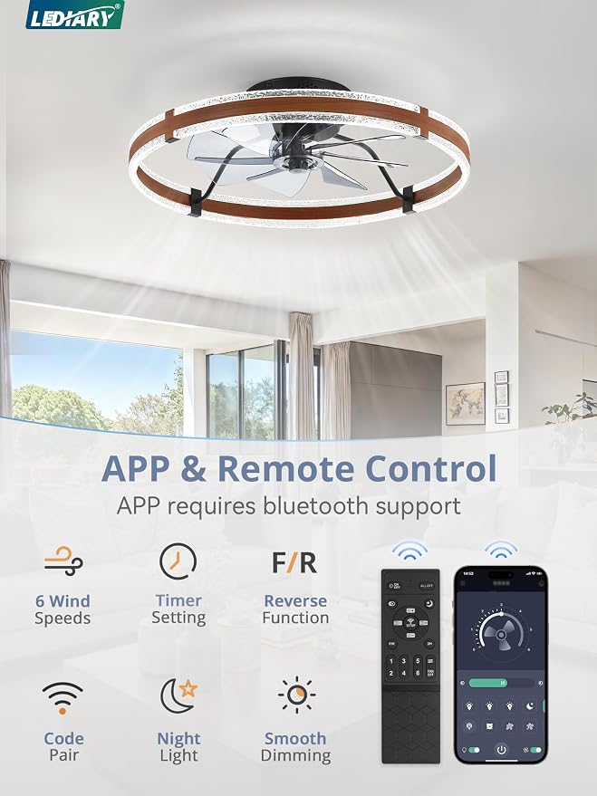 LEDIARY 24'' Modern Low Profile Ceiling Fans with Lights and Remote, Walnut | 3000-6000K Dimmable LED, 6 Wind Speeds, Quiet Reversible DC Motor, Small Flush Mount Fandelier for Bedroom, Living Room