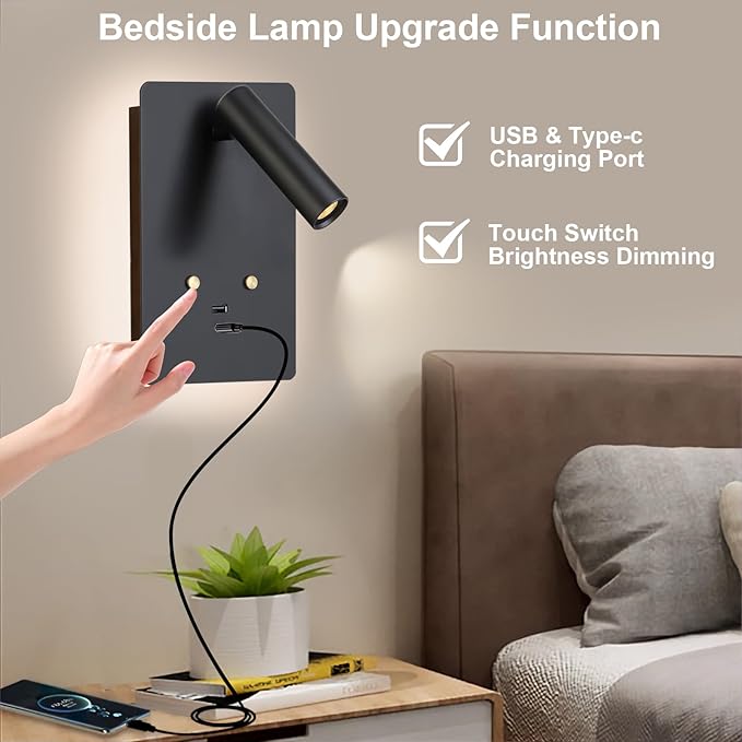 ZEROUNO Dimmable Wall Mounted Reading Light Set of 2,Adjustable Headboard Plug in Wall Sconce with USB A+C Ports,Touch Control Wall Light for Bedroom Bedside Lamps