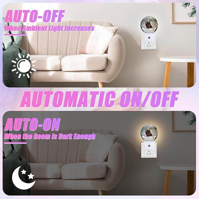 Brown Bear Bathing Night Light LED Lamp Round Plug into Wall Nightlight with Dusk to Dawn Sensor Home Hallway Stairway Kitchen Decor