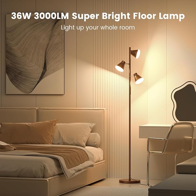 36W LED Tree Floor Lamp, Dimmable Tall Standing Lamp with Remote & Touch Control, 4 Color Temperatures Bright Floor Lamp, 3 Rotatable Light Modern Floor Lamps