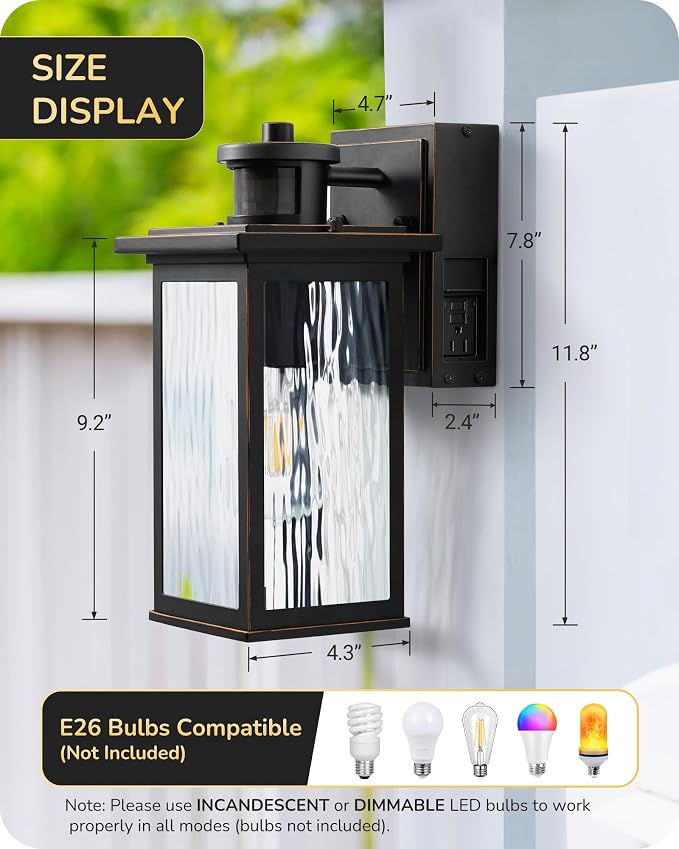 EDISHINE Outdoor Wall Lights with GFCI Outlet, Motion Sensor Dusk to Dawn | Water Ripple Glass, 3 Modes, E26 Base, 140° Angle & 33FT Range, Waterproof Wall Sconce for Porch Front Door Garage Patio