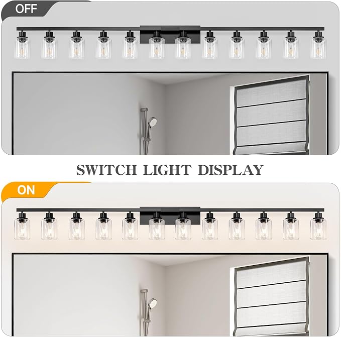12 Light Bathroom Light Fixtures, Black Bathroom Lighting Fixtures Over Mirror Matte Black Modern Vanity Lights Wall Lighting for Mirror Bedroom, Living Room (78.7inch)